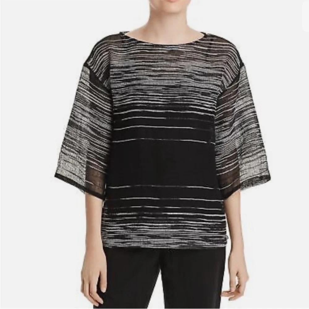 Eileen Fisher Organic Linen Blend Illusion Mesh Blouse Size Small Black - Picture 2 of 7